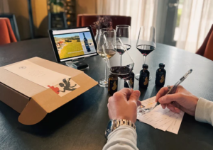 a lady writing, three wine glasses and a laptop showing virtual wine tasting kit