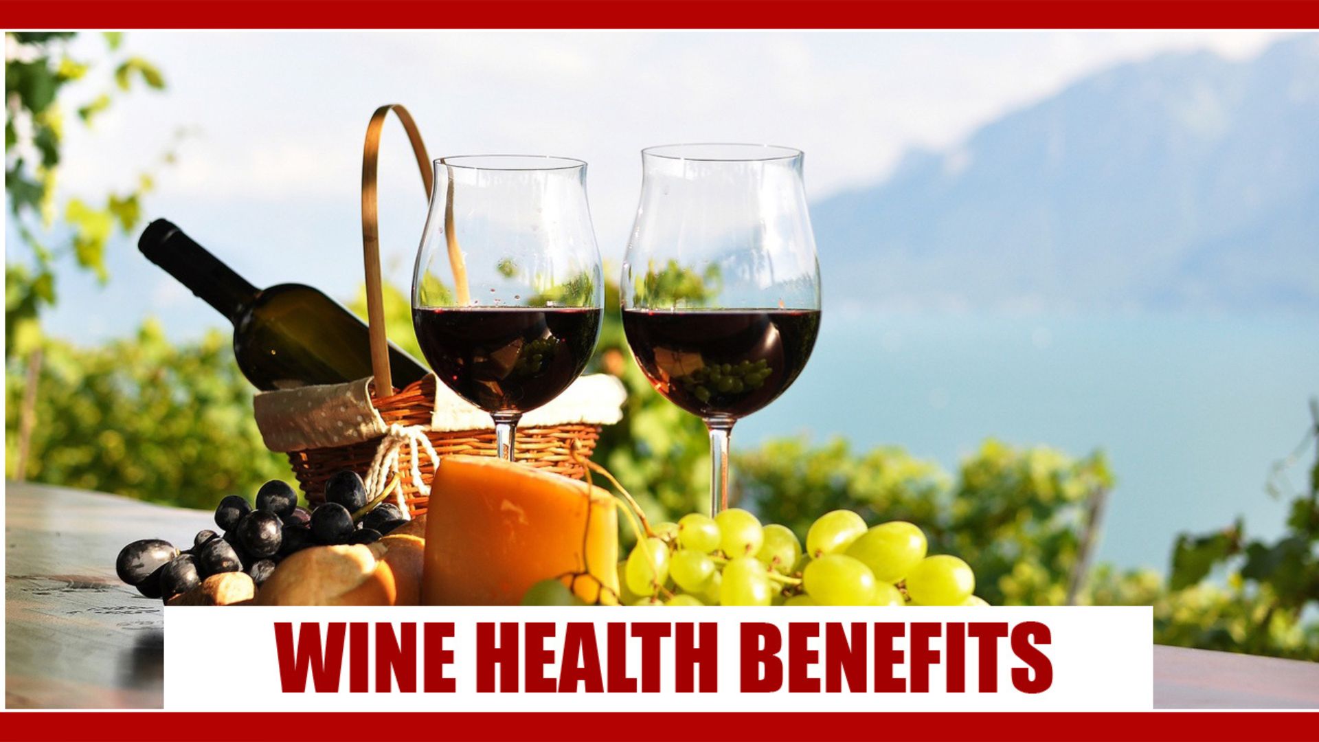 wine in wine glasses and a text written wine health benefits
