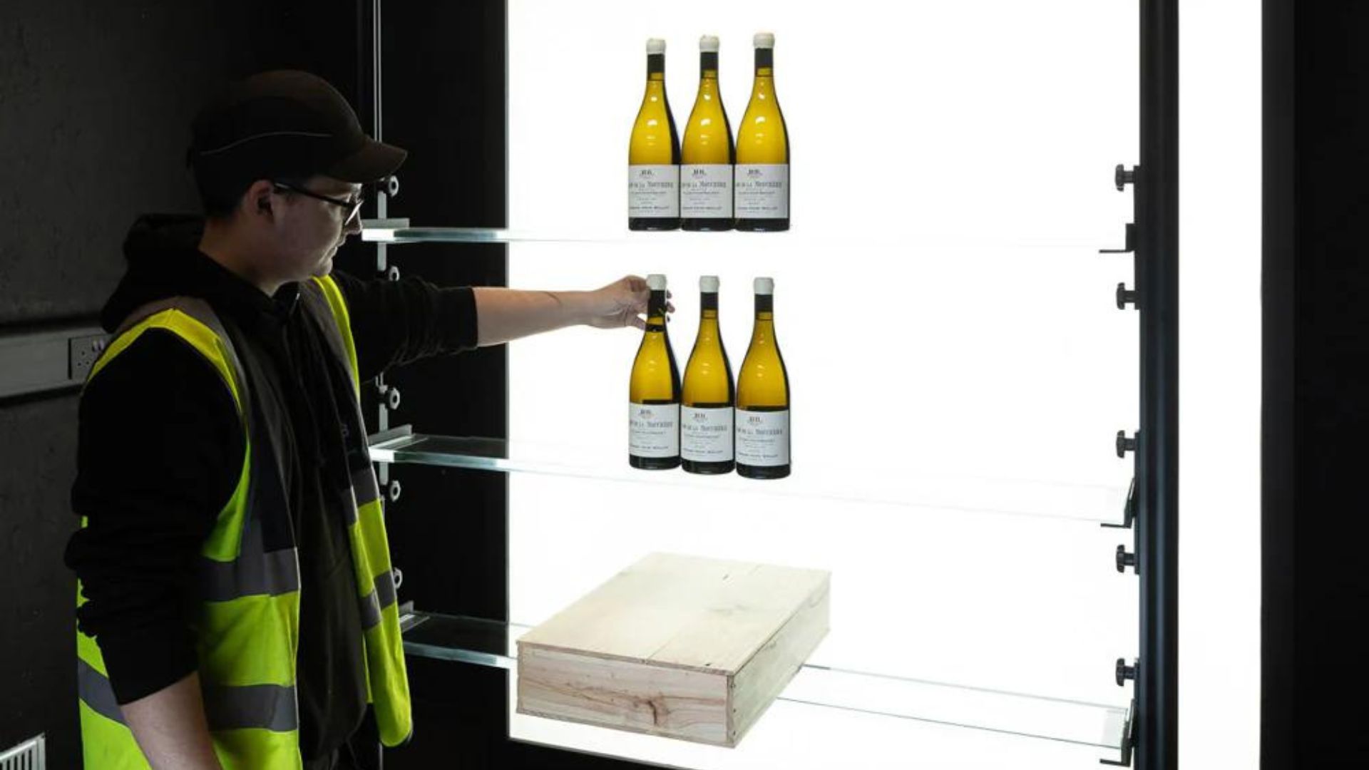 a man storing wine in the fridge
