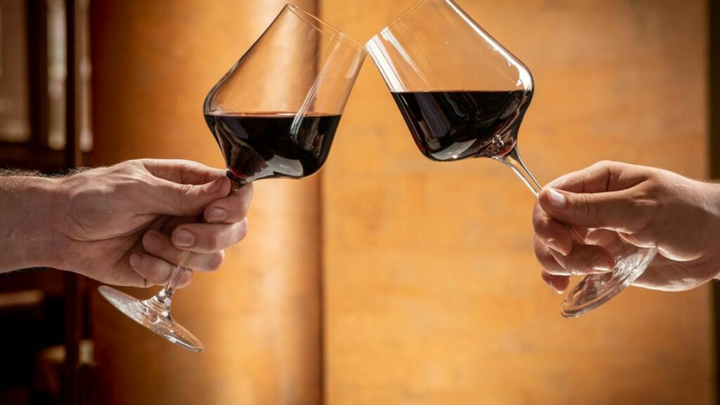  two hands clinking glasses of red wine together showing the best humidity levels for wine
